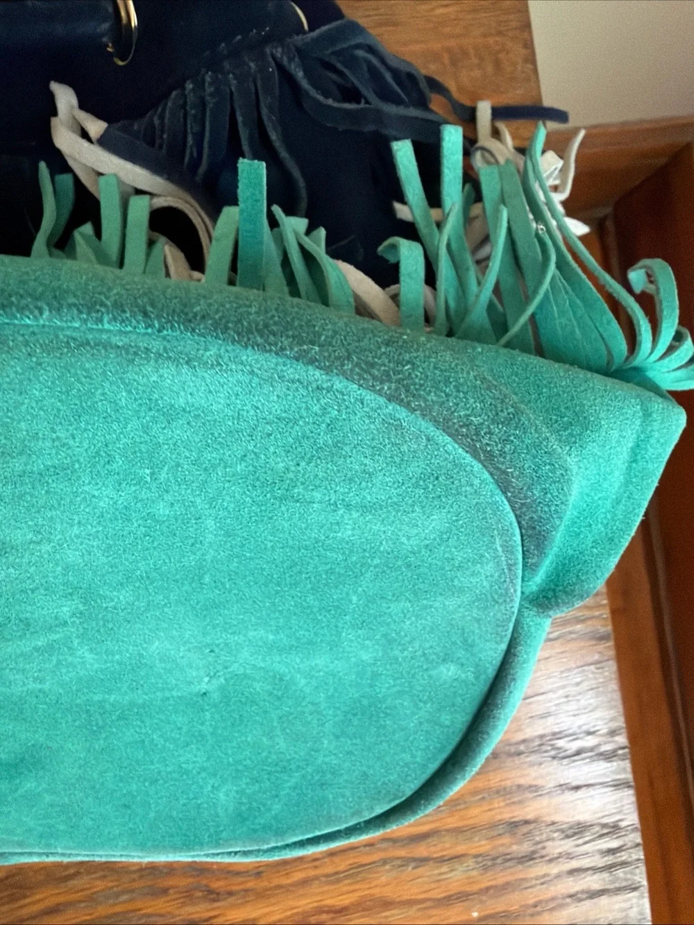 Boden Fringe leather Drawstring Bucket Bag Blue Taupe Teal Festival Western Boho